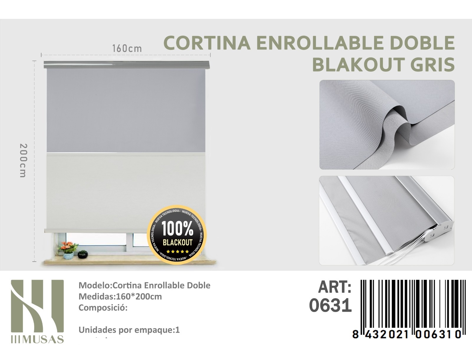 CORTINA ROLLER BLACKOUT DOBLE TELA 160X200CM - 1