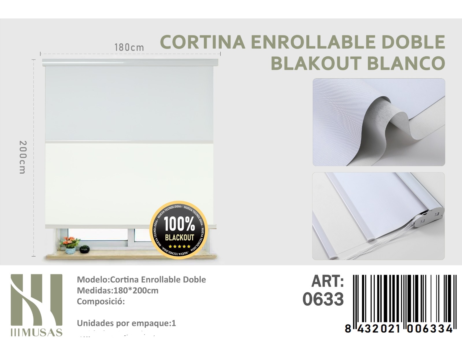 CORTINA ROLLER BLACKOUT DOBLE TELA 180X200CM - 1