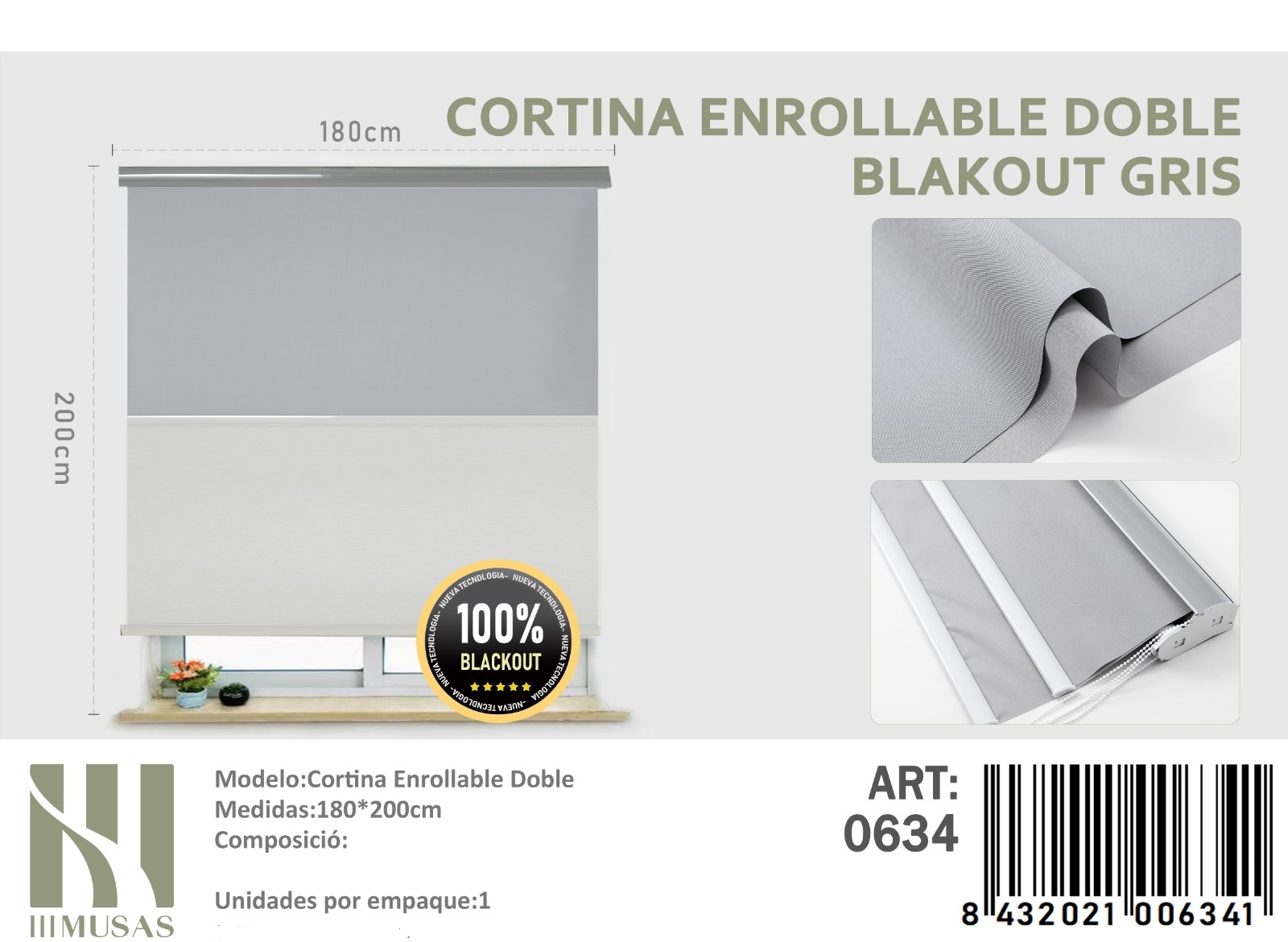 CORTINA ROLLER BLACKOUT DOBLE TELA 180X200CM - 1