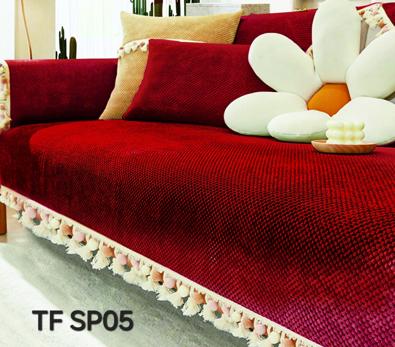 MANTA PARA SOFA BORDADA CON POMPONES 3 CUERPO 180X70 - 1