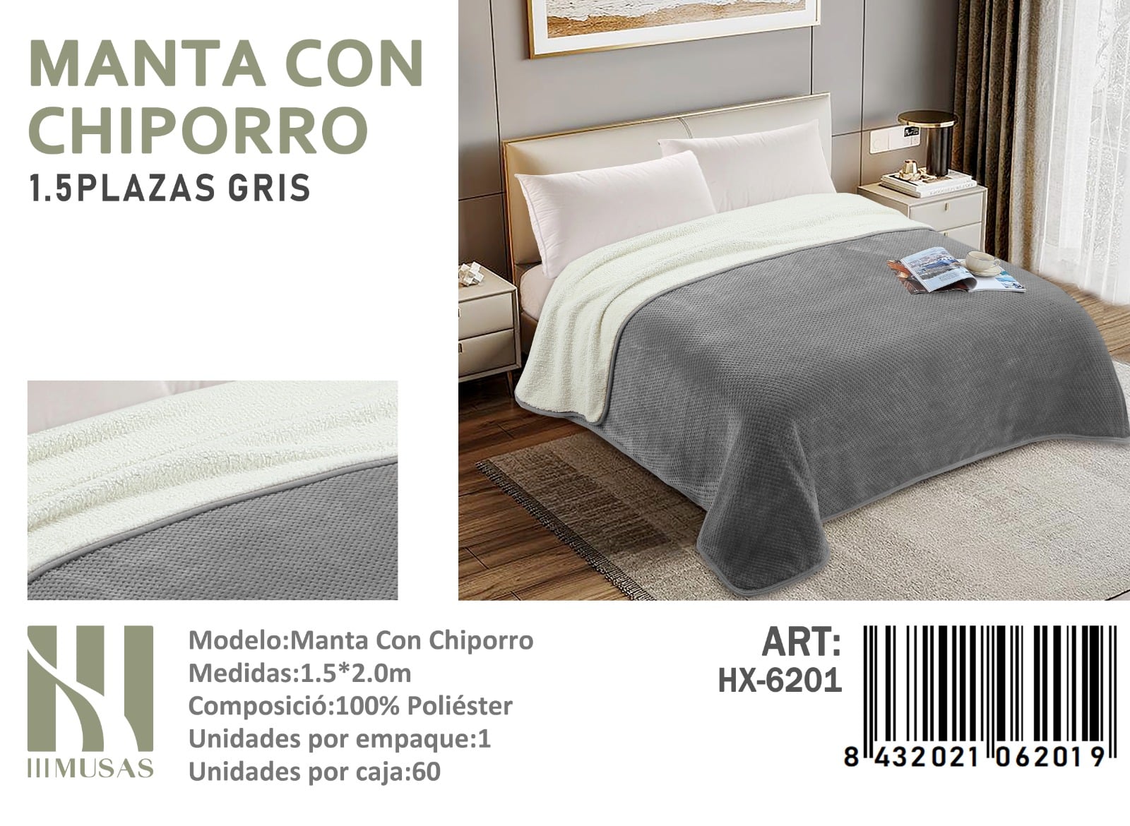 MANTA FRAZADA CON CHIPORRO DISEÑO LISO PLAZA Y MEDIA - 1