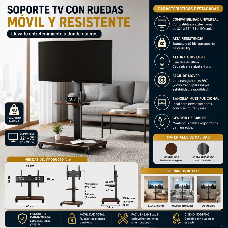 SOPORTE TV MOVIL CON RUEDAS 32 A 75 BASE PEDESTAL NEGRA - 1