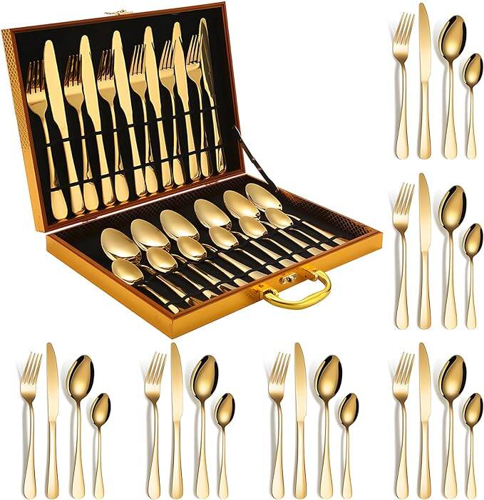 LUJOSO JUEGO CUBIERTOS ACERO INOX DORADOS 24 PIEZAS - 1