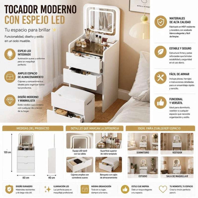TOCADOR DE MAQUILLAJE PREMIUM CON ESPEJO LED TACTIL Y BANQUETA ORGANIZADORA - 1