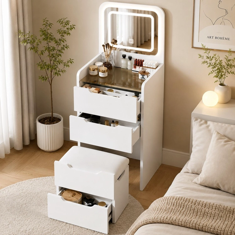 TOCADOR DE MAQUILLAJE PREMIUM CON ESPEJO LED TACTIL Y BANQUETA ORGANIZADORA - 2
