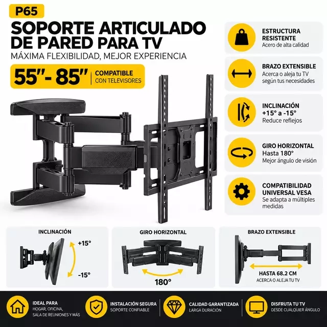 SOPORTE ARTICULADO DE PARED PARA TV 55” A 85” P65 FULL MOTION - 1