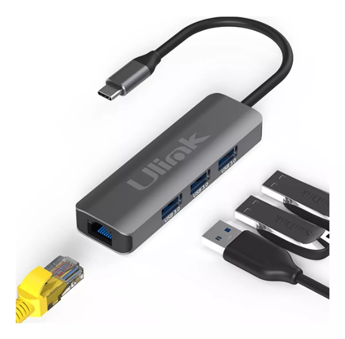 ADAPTADOR USB-C A RJ45 (LAN) CON 3 PUERTOS USB 3.0 HUB - 2