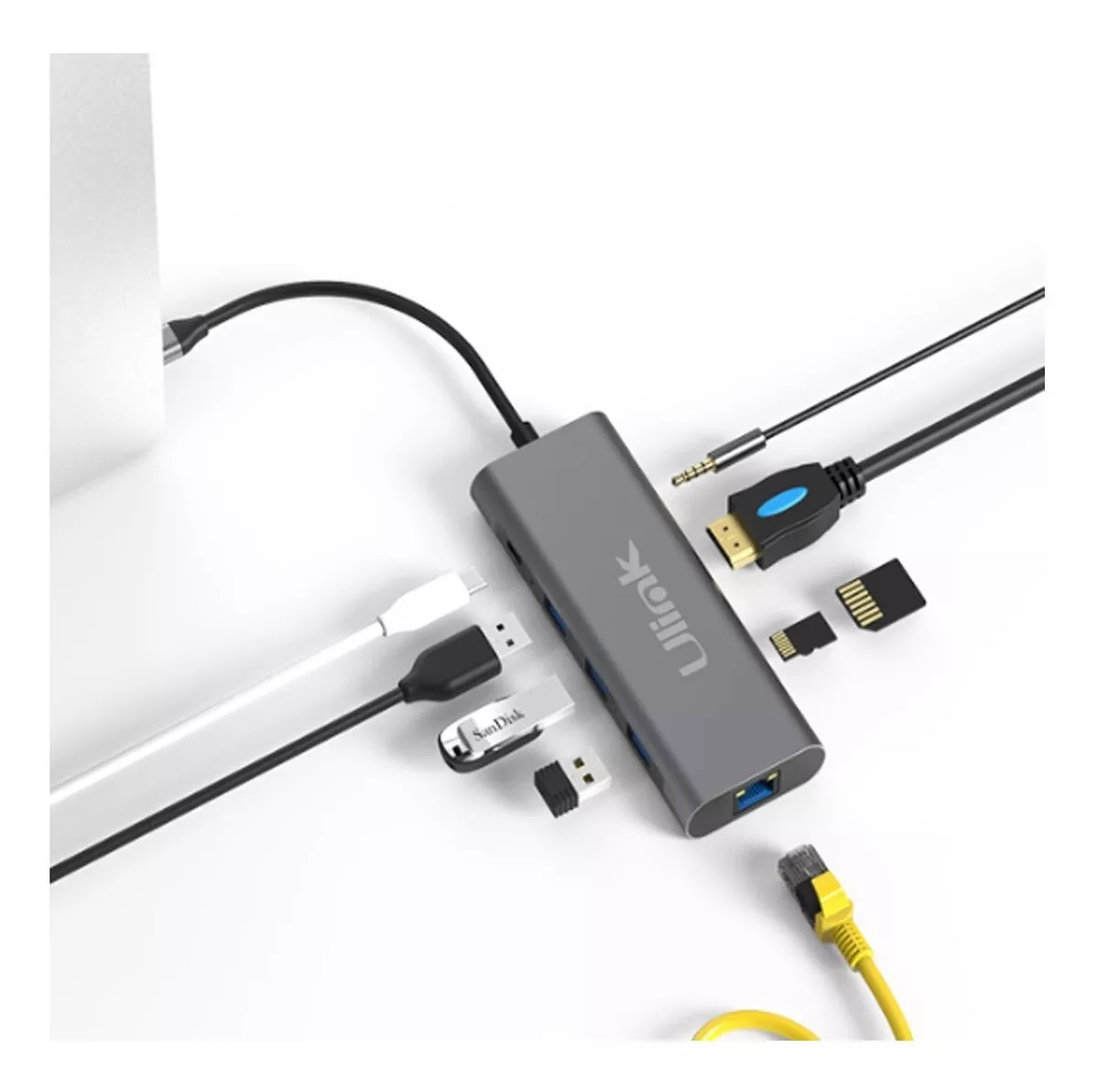 ADAPTADOR USB-C AHDTV,3USB3.0,RJ45,3.5,SD,MICROSD,USB-CCARGA - 2