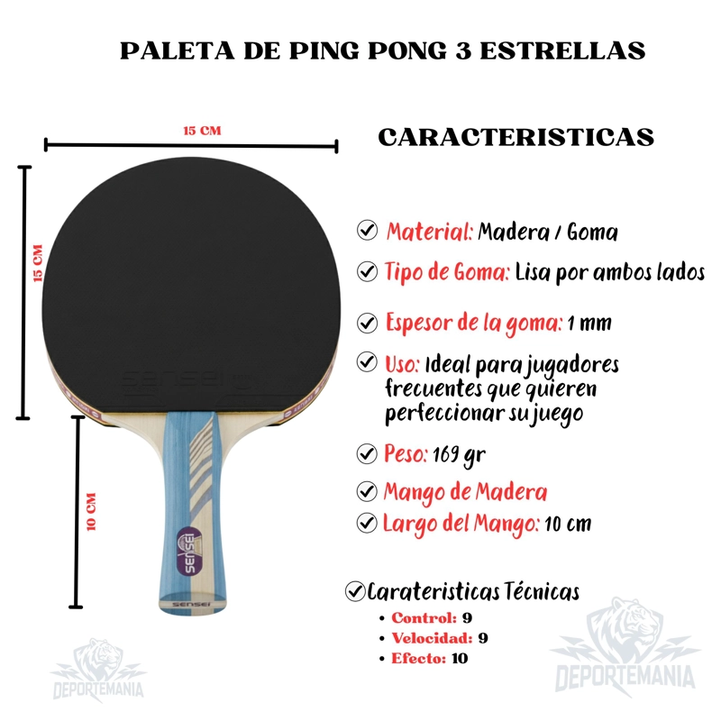PALETA PING PONG SENSEI MADERA 3 STAR NEGRA Y ROJA - 2