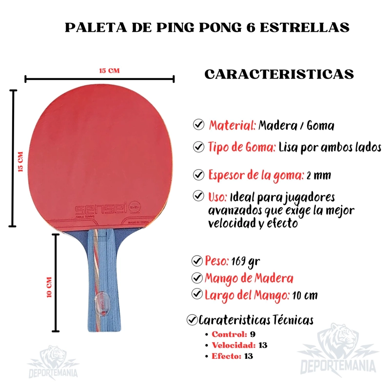 PALETA PING PONG SENSEI MADERA 6 STAR - 3