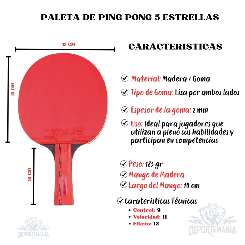 PALETA PING PONG SENSEI MADERA 5 STAR NEGRA Y ROJA - 2