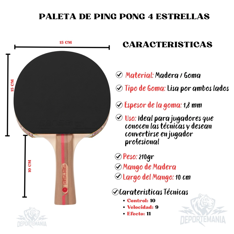 PALETA PING PONG SENSEI MADERA 4 STAR NEGRA Y ROJA - 3