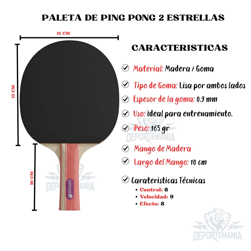 PALETA PING PONG SENSEI MADERA 2 STAR NEGRA Y ROJA - 2