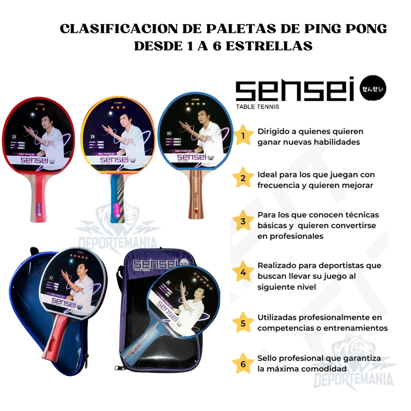 PALETA PING PONG SENSEI MADERA 2 STAR NEGRA Y ROJA - 8