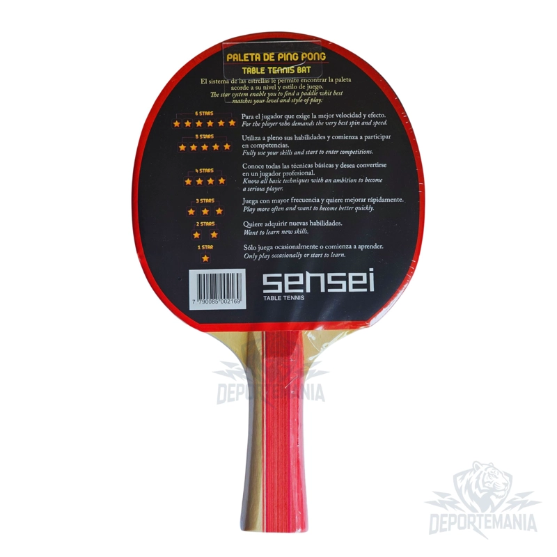 PALETA PING PONG SENSEI MADERA 2 STAR NEGRA Y ROJA - 9
