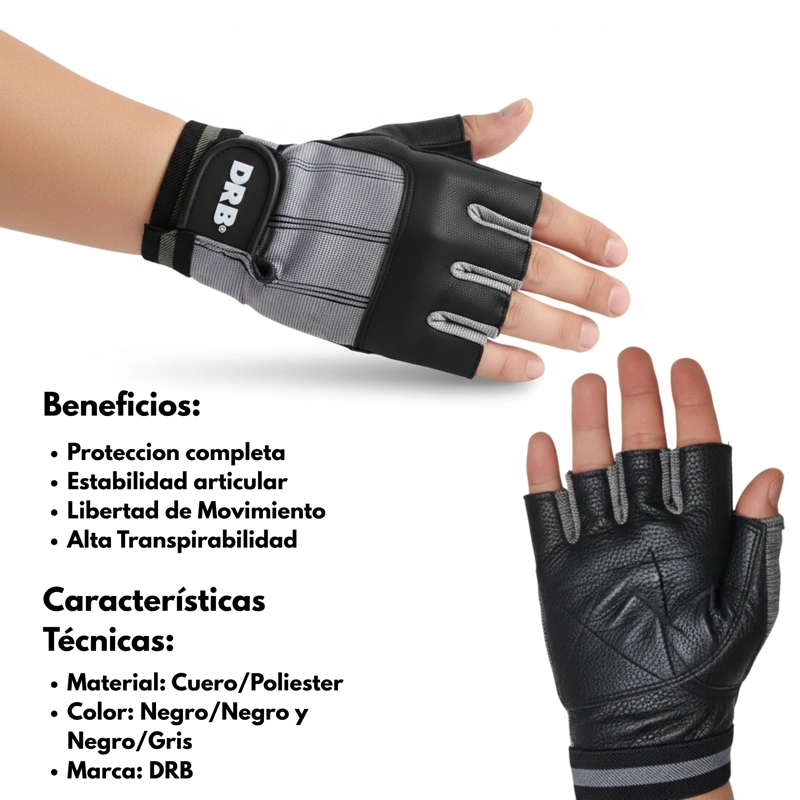 GUANTES FITNESS DRB CUERO 0.12 KG SPANDEX NEGRO PESAS Y GIMNASIO - 3