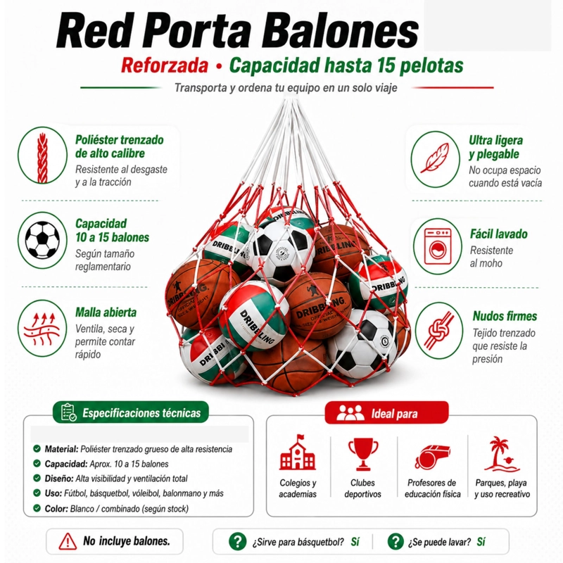 RED MALLA PORTA BALONES DRB 15 PELOTAS REFORZADA - 2