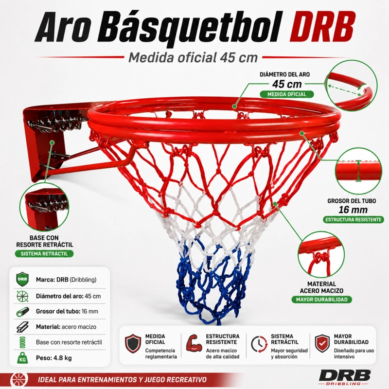 ARO BASQUETBOL DRB DOBLE RETRACTIL 45CM RED Y PERNOS - 3