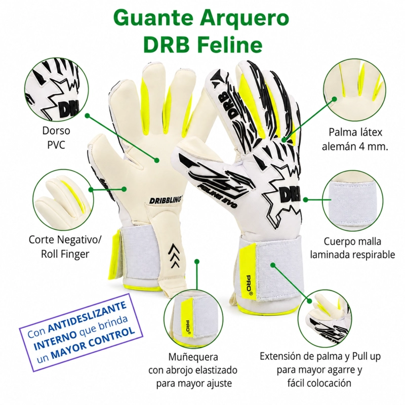 GUANTES ARQUERO DRB FELINE PRO BLANCO LATEX ALEMAN 4MM - 4