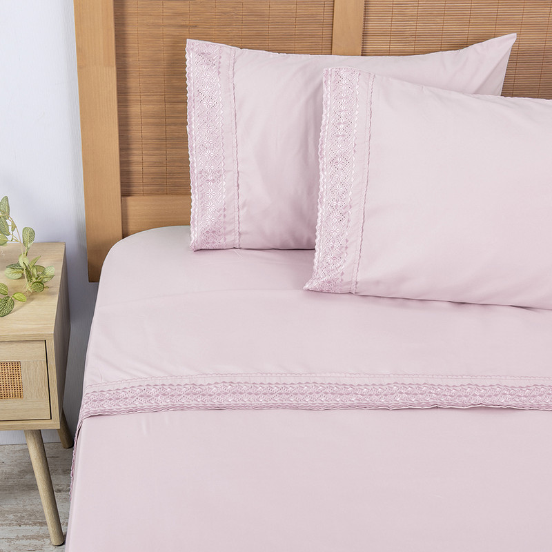 SÁBANAS PLUMETTI 2 PLAZAS ROSADO BRODERIE BORDADA - 1