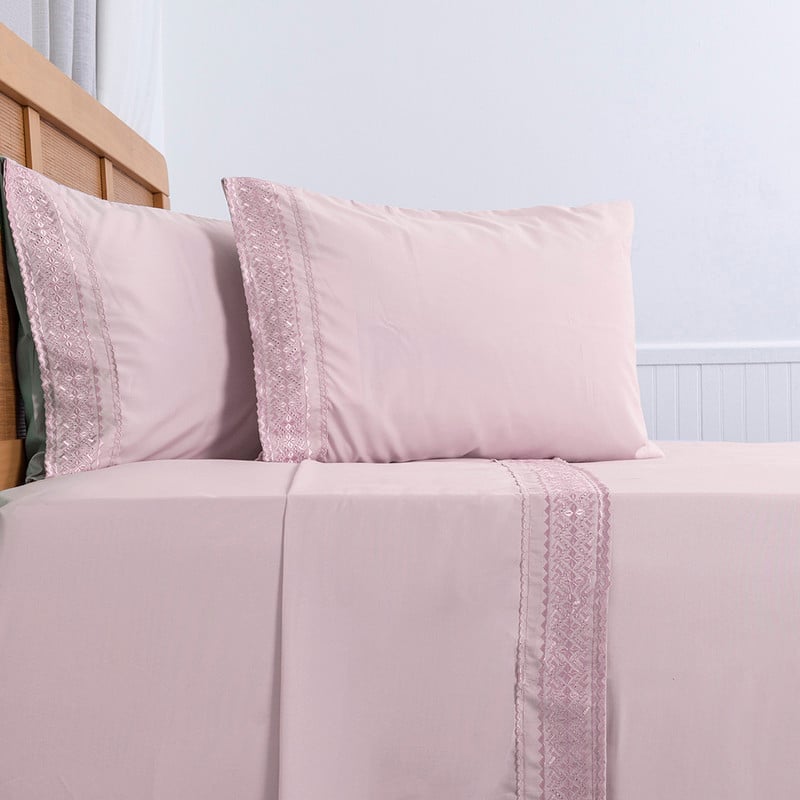 SÁBANAS PLUMETTI 2 PLAZAS ROSADO BRODERIE BORDADA - 2