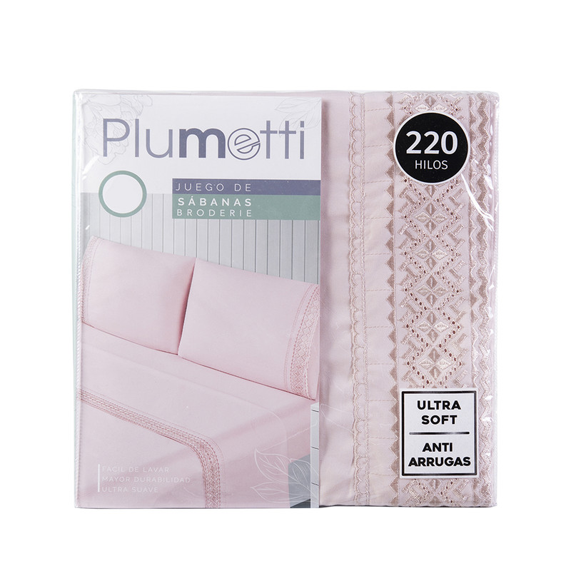 SÁBANAS PLUMETTI 2 PLAZAS ROSADO BRODERIE BORDADA - 5