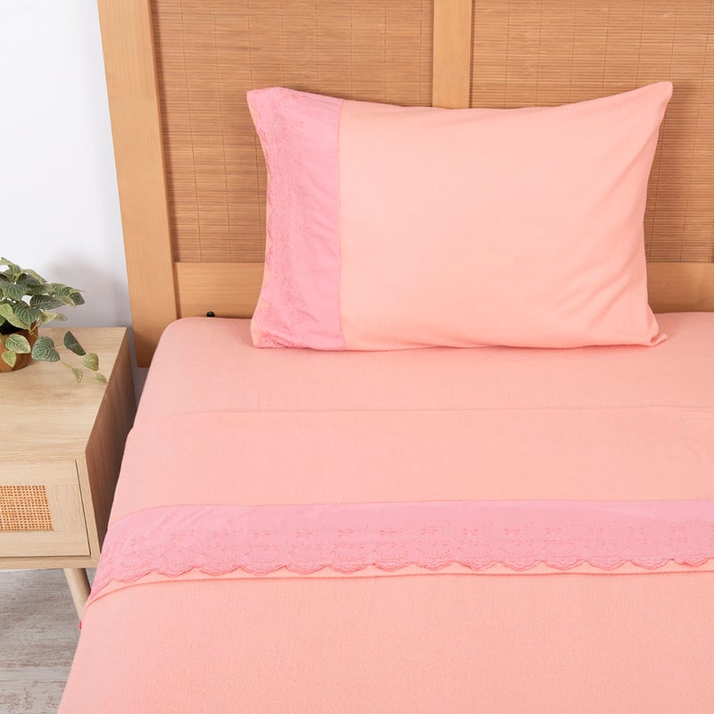 SABANA POLAR LISA BRODERIE 1.5 PLAZAS ROSADO - 1