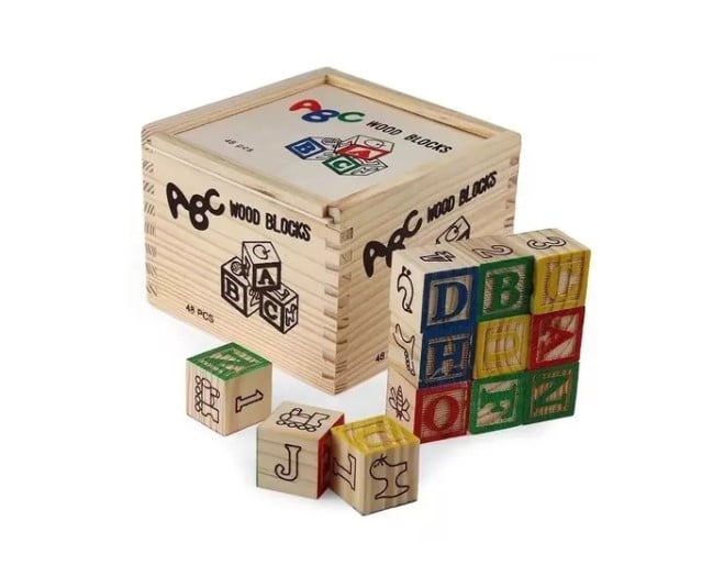 CUBO DE MADERA 48 PIEZAS JUGUETE DIDACTICO LETRAS Y NUMERO - 1