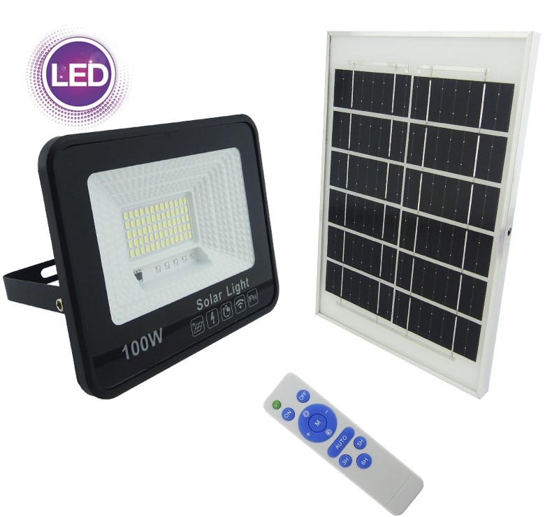 PROYECTOR SOLAR LED 100W CON PANEL SOLAR PVC 65 LED CONTROL REMOTO 20.5X17CM - 1