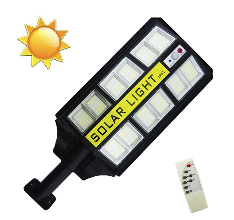 FOCO CON BRAZO SOLAR 300W 240 LED 12 PLACAS PVC CON CONTROL SENSOR 21X40CM EN CAJA - 1