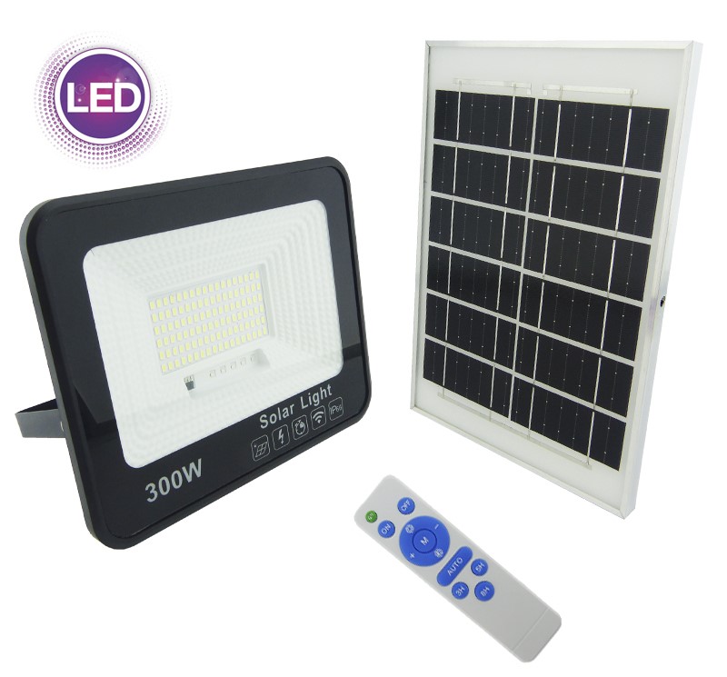 PROYECTOR SOLAR LED 300W CON PANEL SOLAR PVC 108 LED CONTROL REMOTO 26X21CM - 1