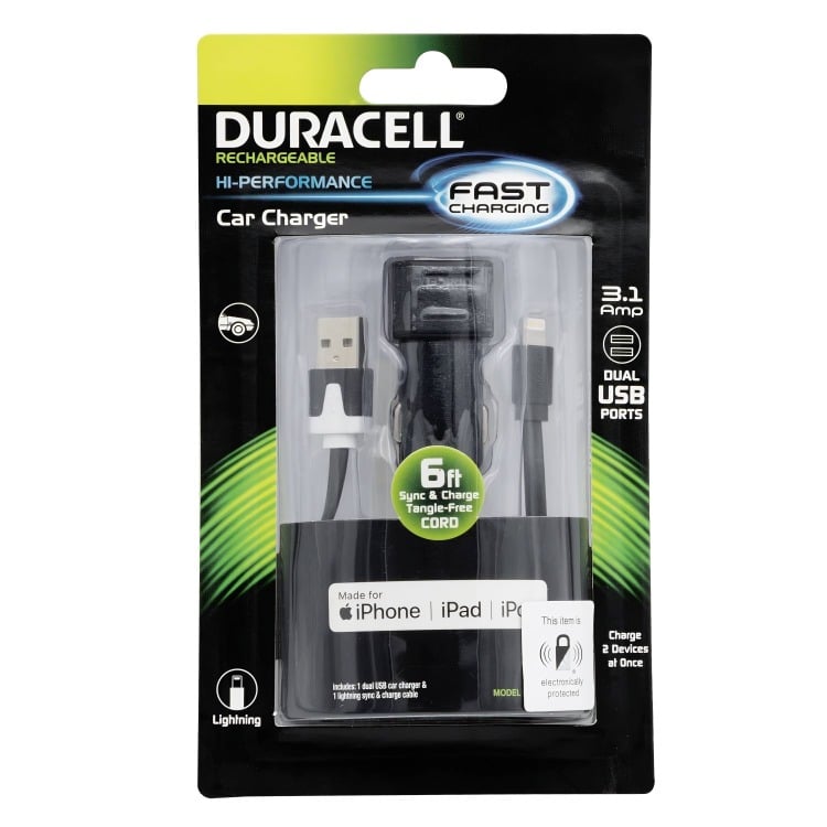 CARGADOR AUTO 2,1A + CABLE IPHONE 5/6 CERTIF DURACELL PRO183 - 2