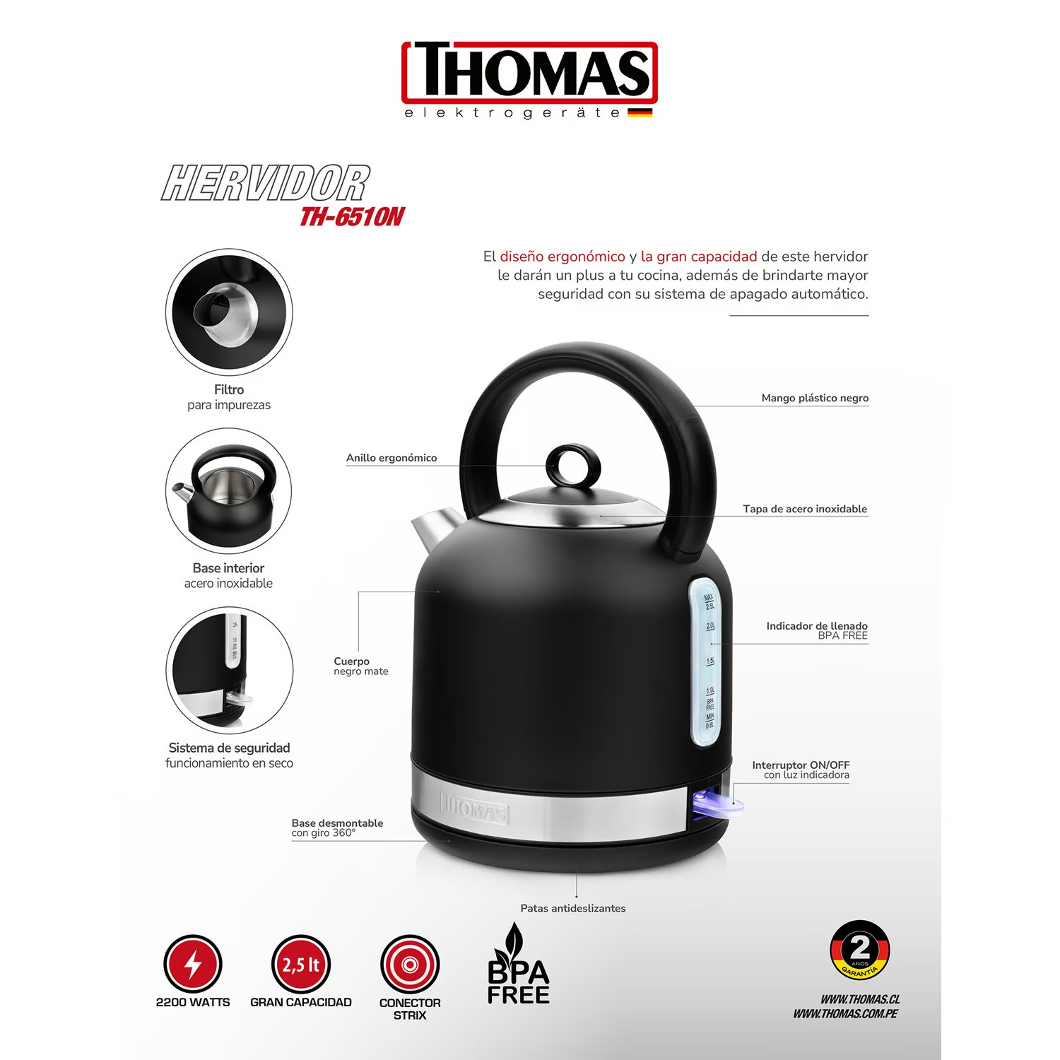 HERVIDOR THOMAS 2.5 L TH-6510N NEGRO MATE - 5