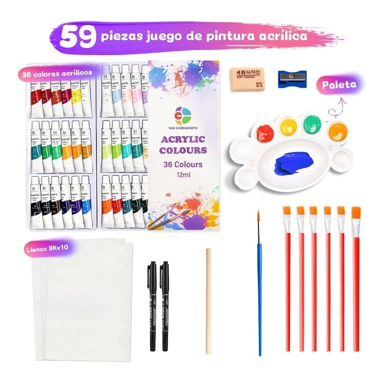 KIT 59 PZS PINTURA ACRÍLICA PINCELES PALETA - 2