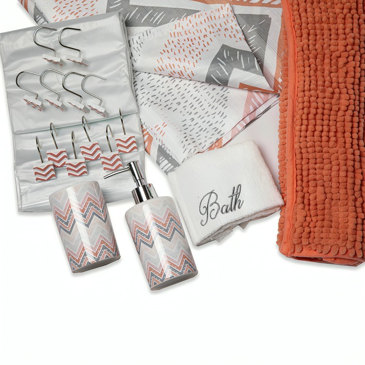 SET DE BAÑO EMA 18 PIEZAS CORAL LINEAS DIAGONALES DORAL - 1