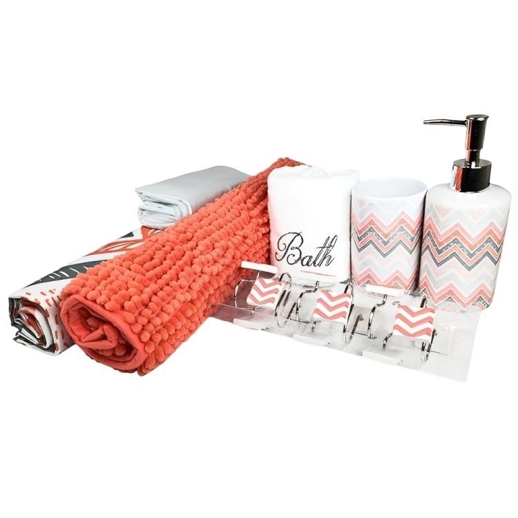 SET DE BAÑO EMA 18 PIEZAS CORAL LINEAS DIAGONALES DORAL - 3
