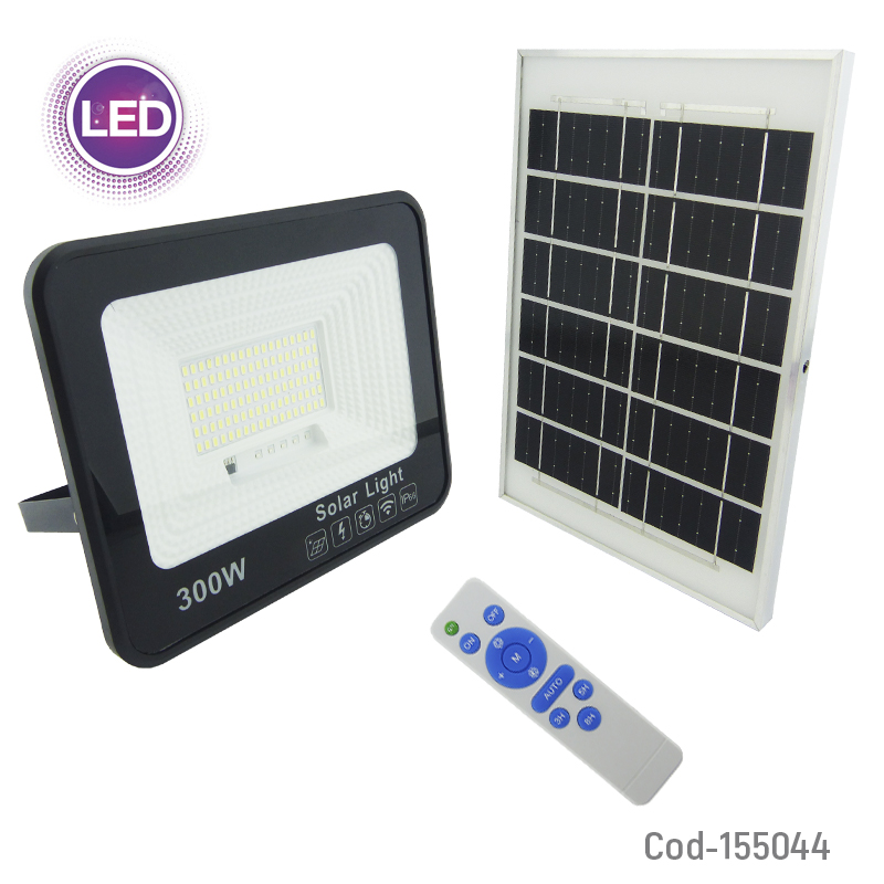 PROYECTOR SOLAR LED 300W CON PANEL SOLAR PVC 108 LED CONTROL REMOTO - 1