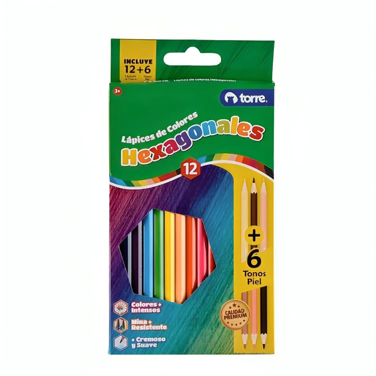 PACK 3 LAPICES DE COLORES HEXAGONALES 12 UNIDADES + 6 TONOS PIEL – TORRE - 2