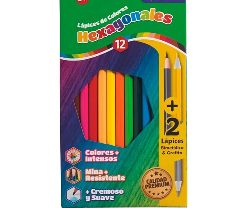 PACK 3 LAPICES 12 COLORES HEXAGONALES + 1 GRAFITO + 1 METALICO – TORRE - 1