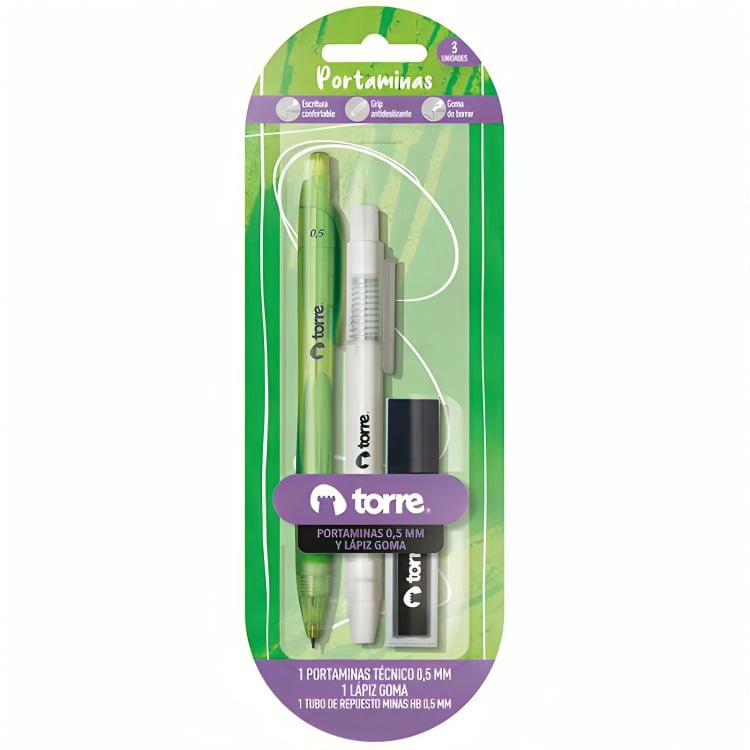 PORTAMINAS PLASTICO + MINAS 0.5 MM + LAPIZ GOMA – TORRE - 1