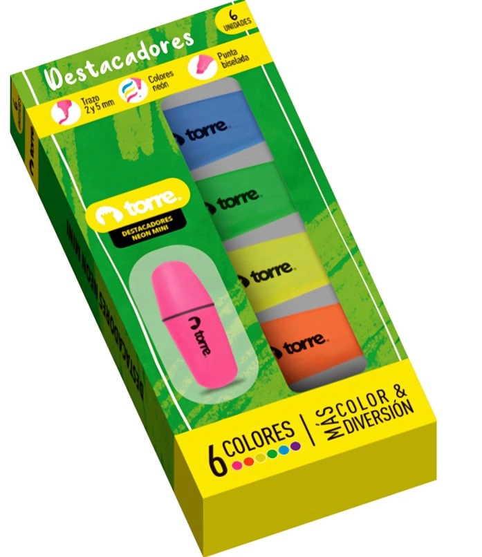 PACK 2 BLISTER DESTACADORES 6 COLORES NEON MINI – TORRE - 1