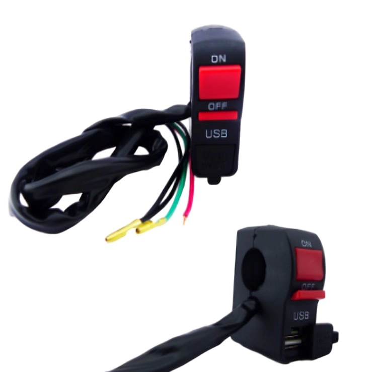 BOTON SWITCH CORTA CORRIENTE UNIVERSAL PARA MOTO CON PUERTO USB 2A - 2