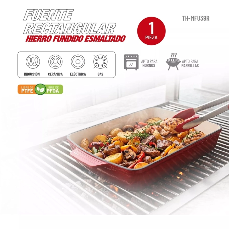 BANDEJA RECTANGULAR TH-MFU39R HIERRO FUNDIDO ESMALTADO ROJO - 6