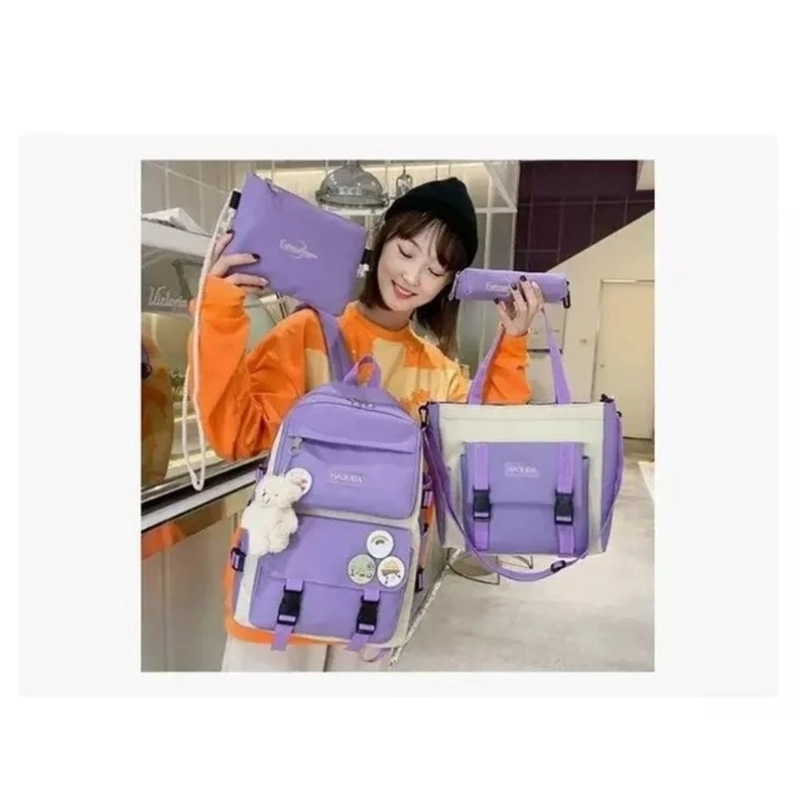 MOCHILA URBANA ESCOLAR VIAJE ESTILO COREANO 4 PIEZAS LILA - 4