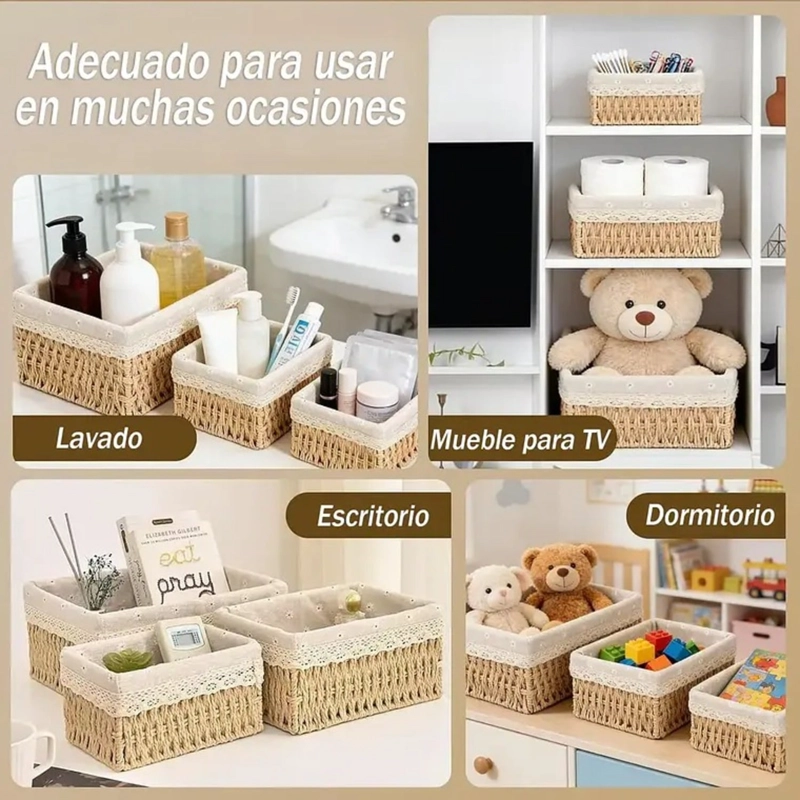 3 CESTAS CANASTA DE ALMACENAMIENTO ORGANIZADOR DE MIMBRE - 5