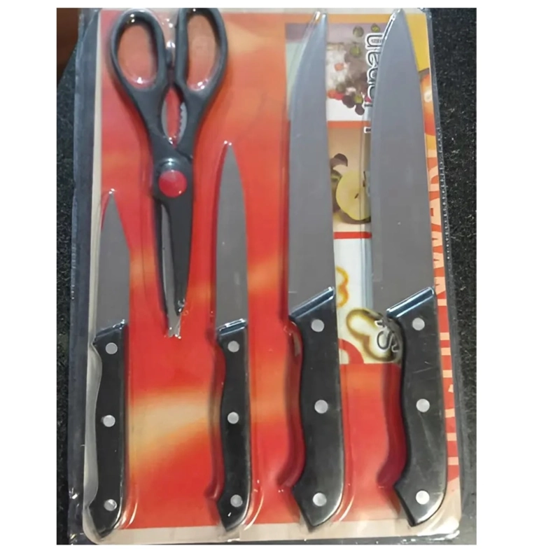 SET CUCHILLOS JUEGO COCINA ACERO INOXIDABLE + TABLA 6 PCS COLOR NEGRO - 2