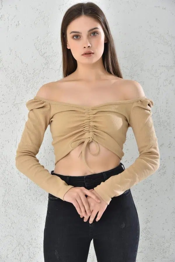 POLERA MUJER CROP TOP CAFE AJUSTADA - 1