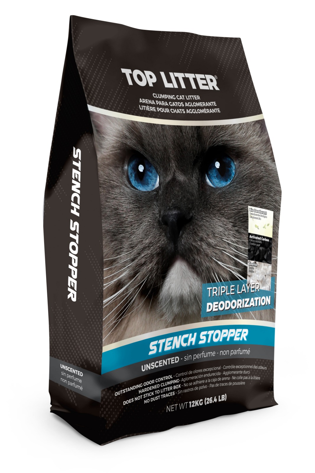 ARENA SANITARIA GATOS TOP LITTER SUPER PREMIUM AGLUTINANTE STENCH STOPPER 12 KG - 1