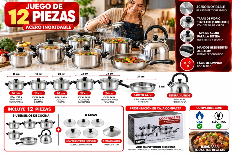 Juego De Ollas Acero Inoxidable 12 Piezas Con Tapas - 4