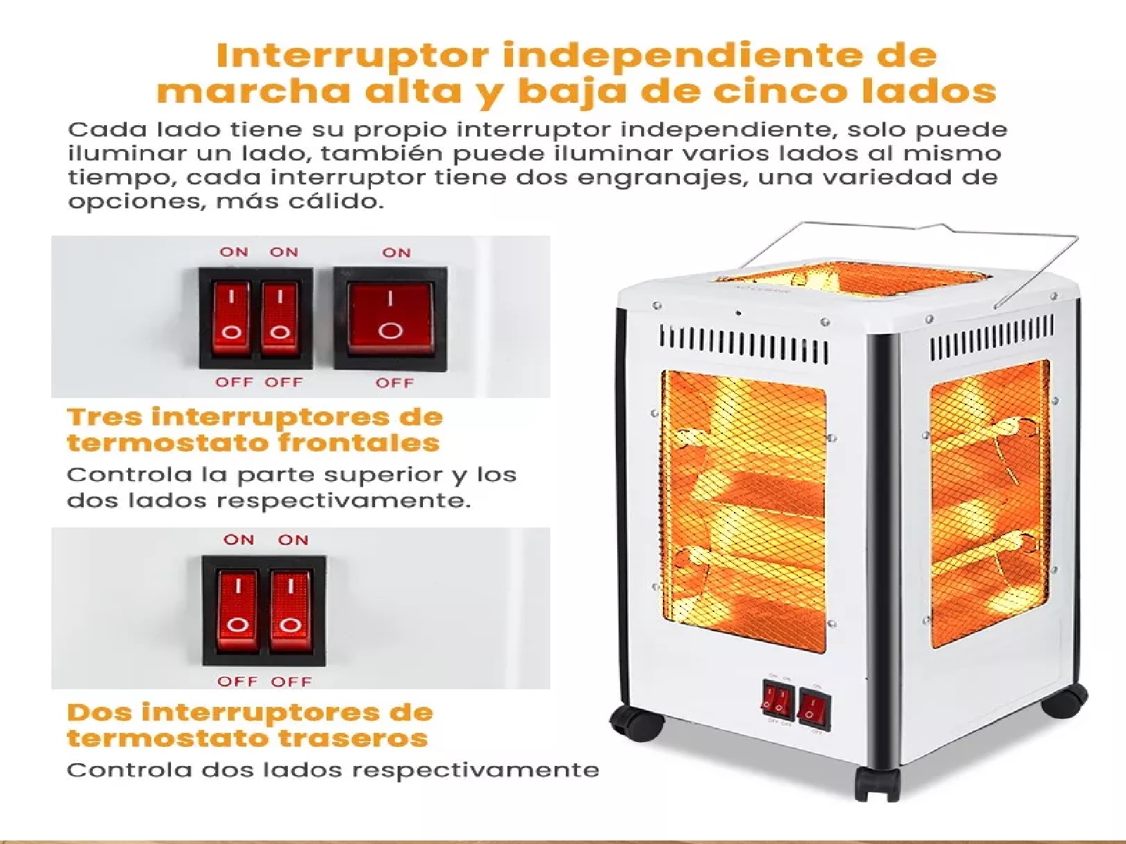 ESTUFA CALEFACTOR 5 LADOS CUARZO HALÓGENO 2000W OMNIDIRECCIONAL RUEDAS - 3